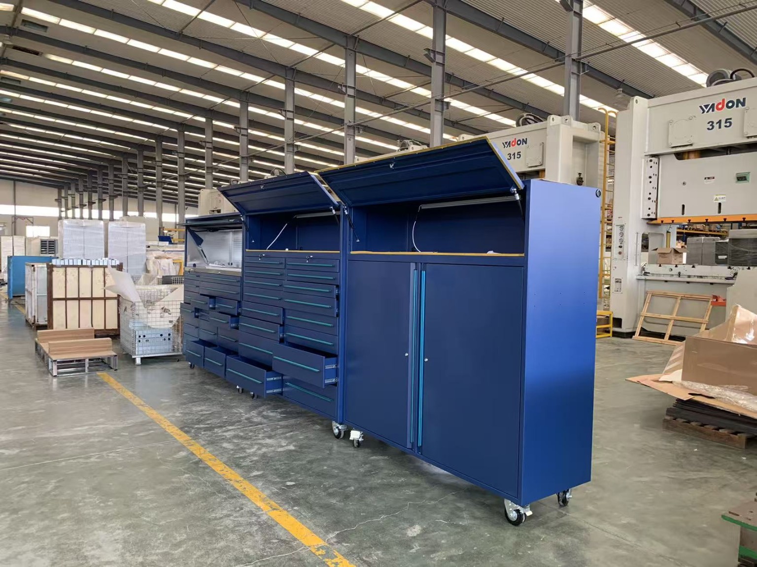 Blue flip-top workbench cabinet with LED and double doors