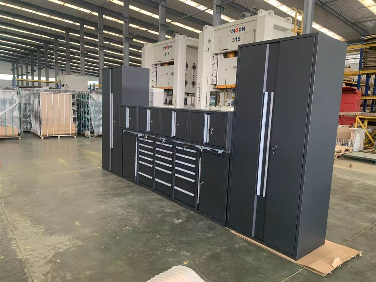 Dark grey double tall tool cabinets side view