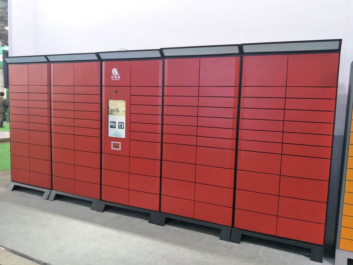 Red multi-cell smart locker with touch screen