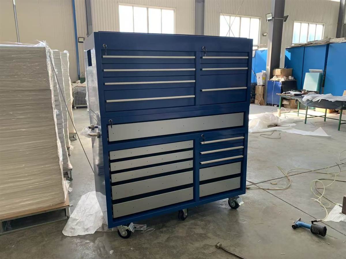 Blue stackable tool cabinet with drawers and casters
