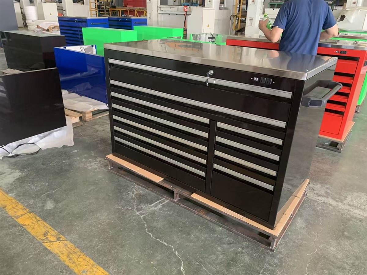 Black steel top tool cabinet side with push handle