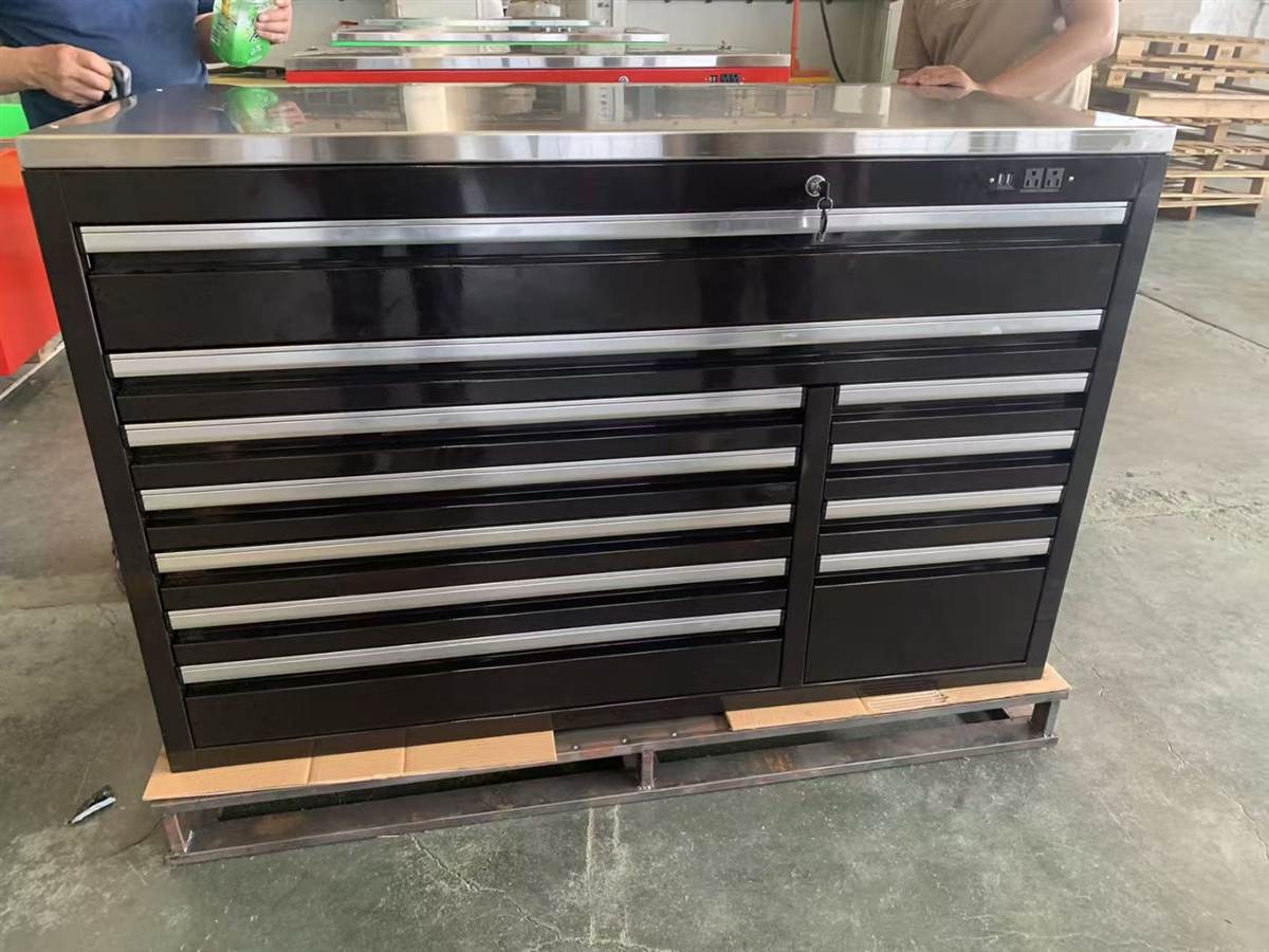Black steel top multi-drawer tool cabinet front